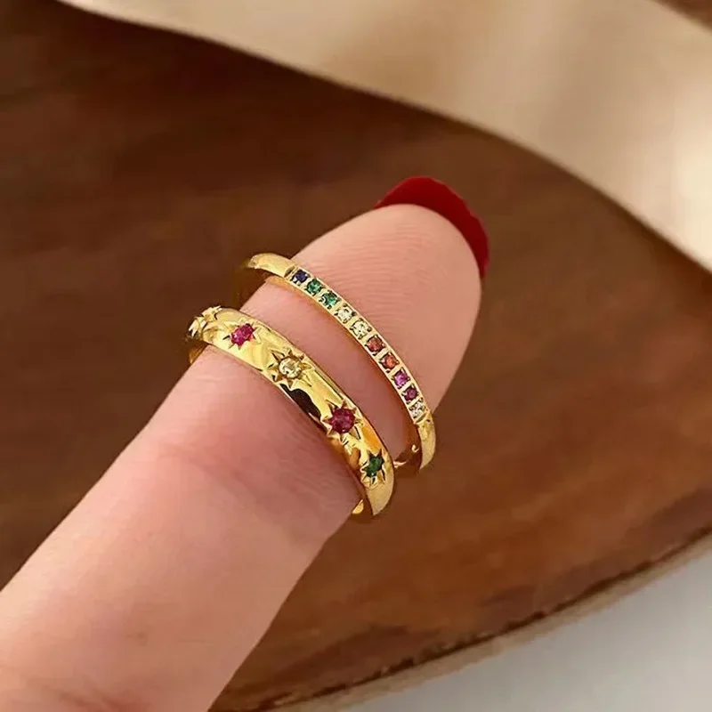 Vintage Metal Rainbow Color Star Cubic Zircon Stone Rings for Women Gold Color Adjustable Open Ring Stackable Rings Jewelry Gift