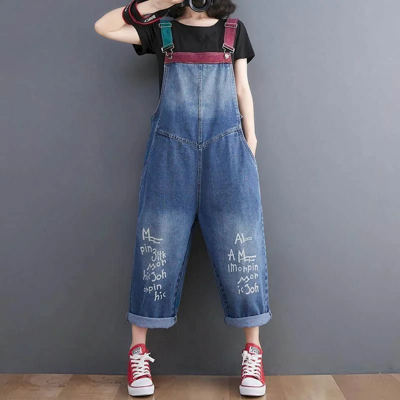 Denim Jumpsuits for Women Striped Printed Korean Style Harajuku Overalls One Piece Outfit Women Rompers Casual Vintage Playsuits