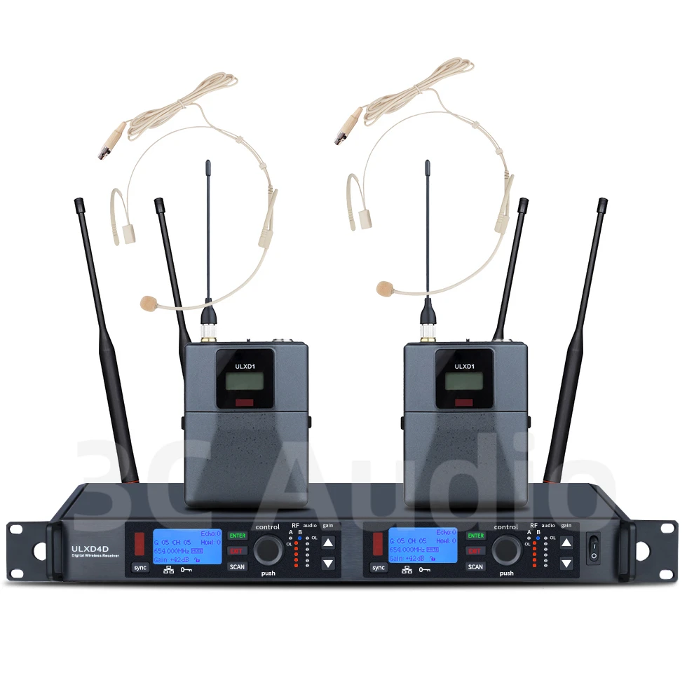 NONE Microphone sans fil professionnel ULXD4D 600 MHz, casque et cravate, UHF, véritable diversité, système 2 canaux, scène d'église, performance 3