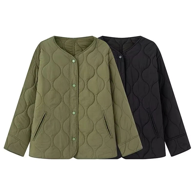 

2025 Women's New Coat Round Neck Long Sleeve Quilted Thin Section Slits On Both Sides Large Size Loose Cotton Jacket