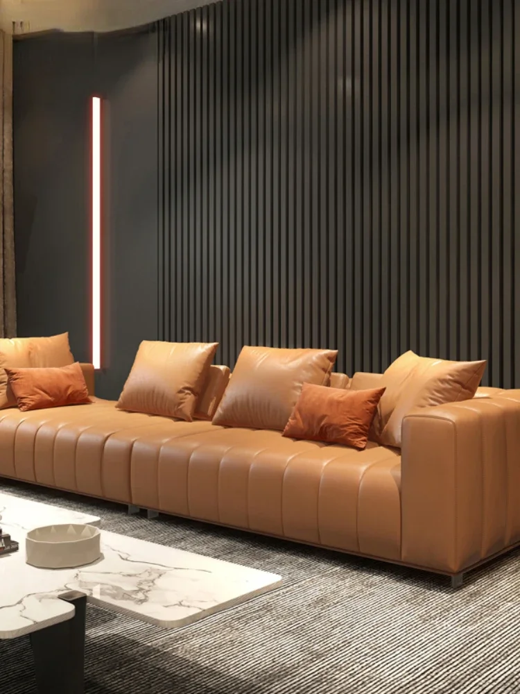 Straight Row Leather Sofa Small Apartment High Fixed Light Luxury Cowhide Orange Fashion Living Room