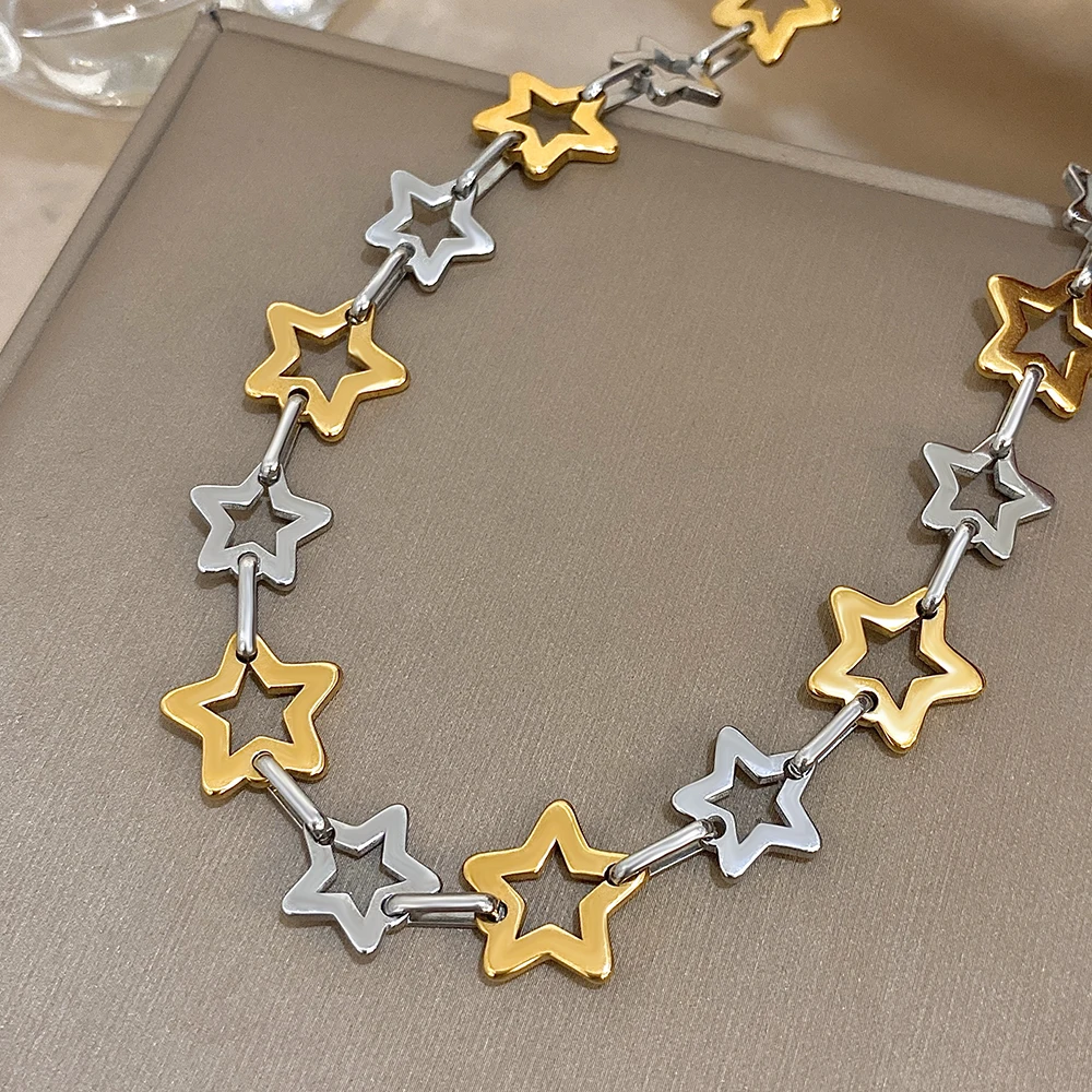 Mode Edelstahl Gold Silber Farbe Halskette für Frauen Nette Hohle Sterne Link Kette Halsketten Wasserdicht Schmuck Geschenke – Detail 9