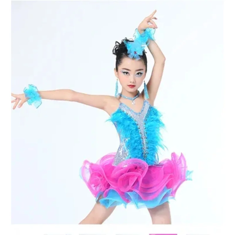 1set/lot Children Professional Latin Dance Dress for Girls Ballroom Dance Competition Dresses sequin feather dress IA5536