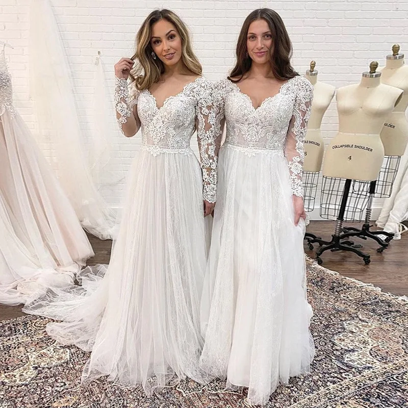 แสงลูกไม้คอวีเปลือยรถไฟขนาดเล็กเจ้าสาวแขนยาวชุดแต่งงานหลักสีขาวบอลชุดWeddinges De N Oviaคริสตจักรชุด