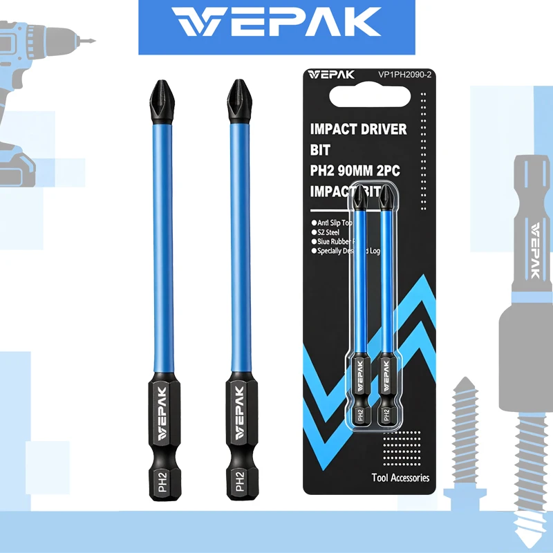 

VEPAK VP1PH2090-2 Ударные сверла PH2 90 мм S2 Сталь высокой твердости с винтовой головкой Насадки для инструментов 2-х шт.
