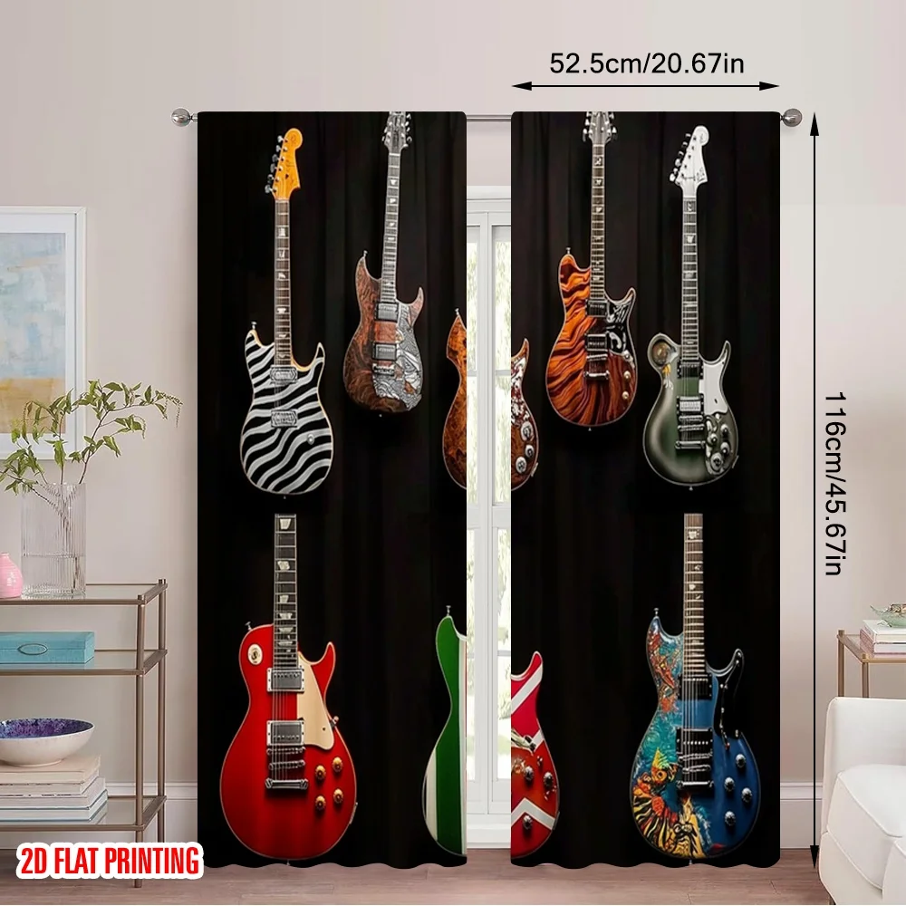 2pcs 2D flat printing Curtains guitar Machine Washable Fabric Without Electricity Party Decorations for Booths Studio Props