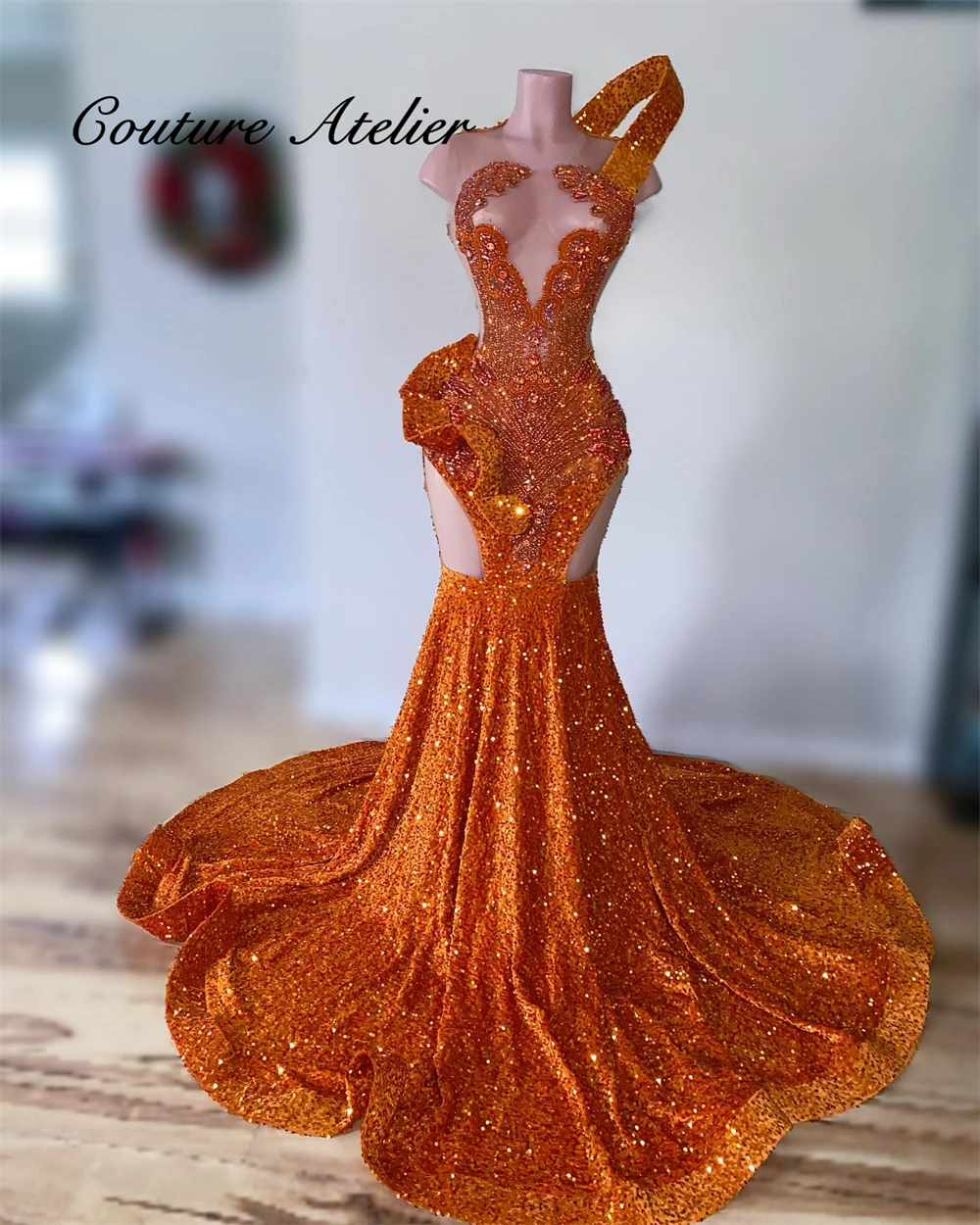 Enjoyable Orange Mermaid Luxury Prom Dresses 2025 Beaded Rhinestones Sequin Graduation Party Gowns For Black Girls Customized