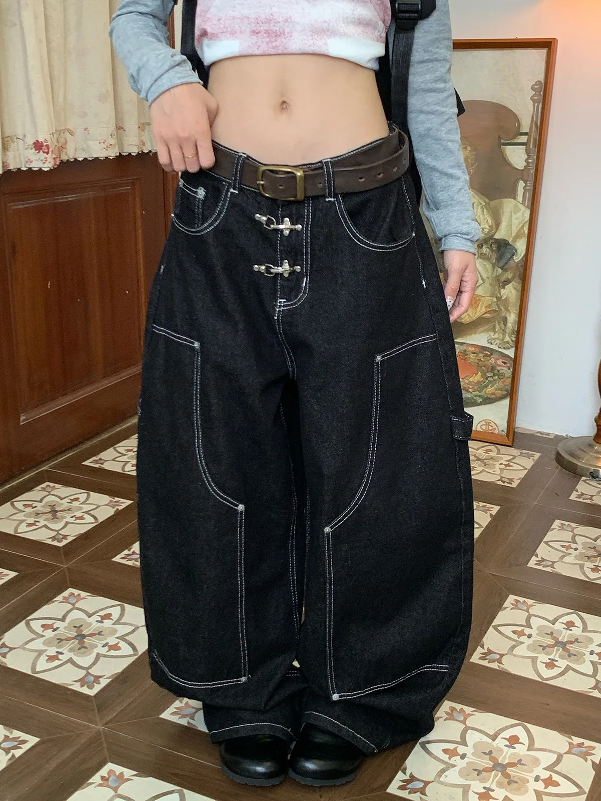 Women American Retro Airplane Buckle Topstitching Jeans Versatile Loose Wide Leg Floor Length Long Denim Trousers Streetwear