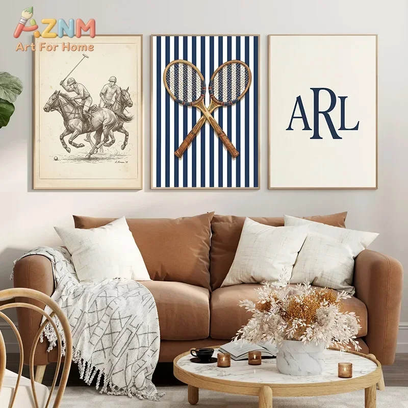 AZNM Vintage Polo Tennis Sport Canvas Wall Art, Retro Equestrian Sketch Navy Striped Art Print, Unframed Canvas Painting for Liv