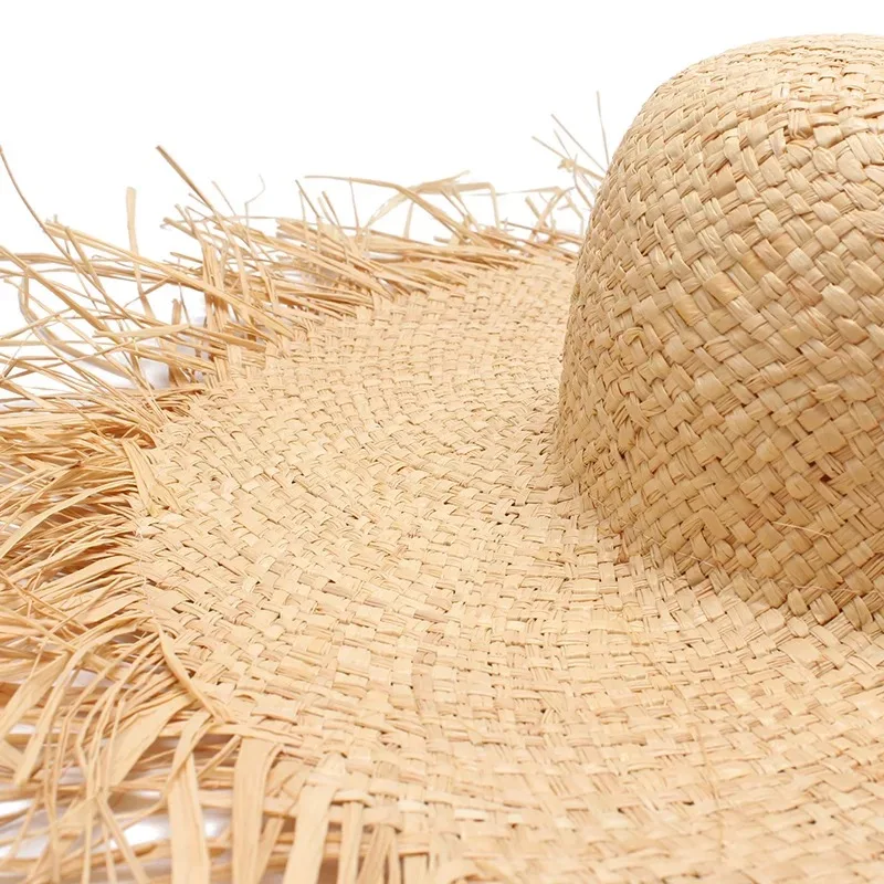 New Band Handmade Women Straw Sun Hats Large Wide Brim Gilrs High Quality Natural Raffia Panama Beach Straw Sun Caps For Holiday