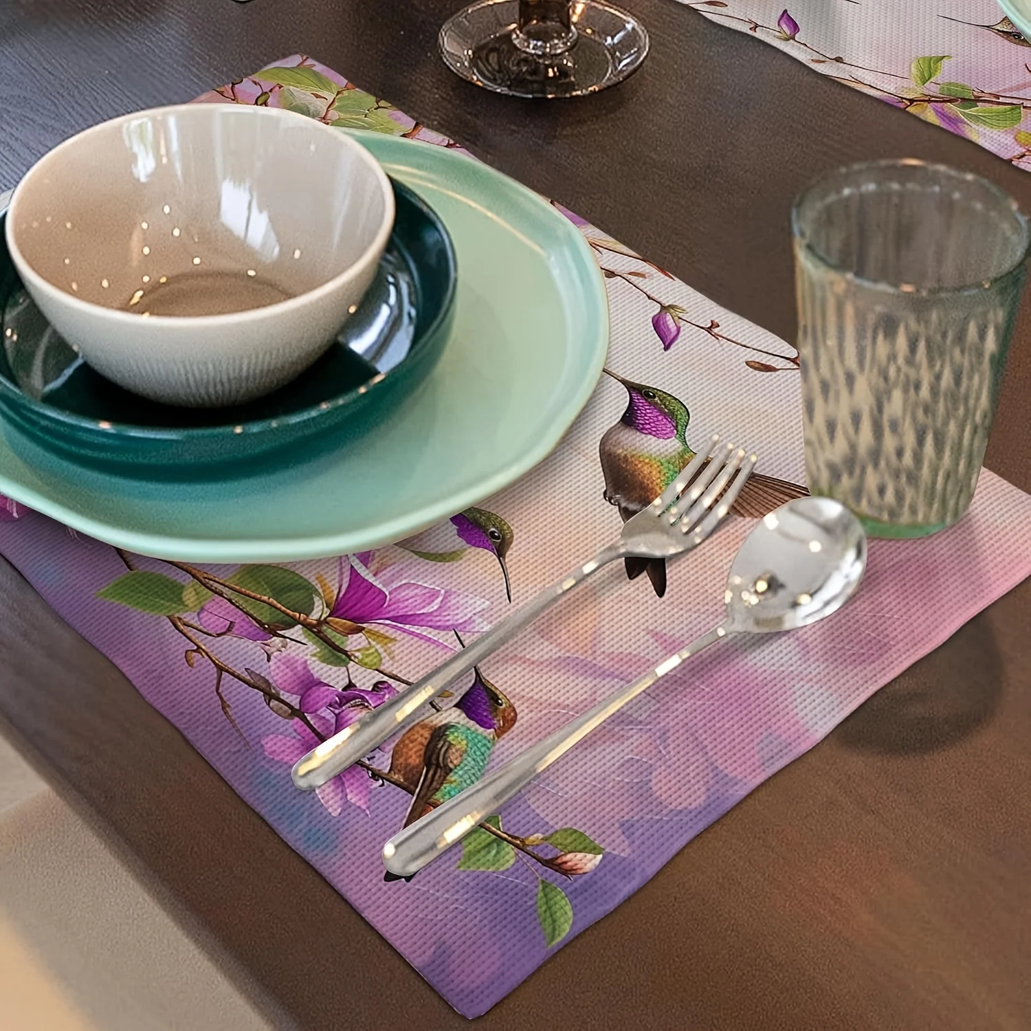 Hummingbird And Purple Magnolia Flower Printed Placemats Set Of 4 Nature Inspired Linen Table Mats For Home Dining Decor
