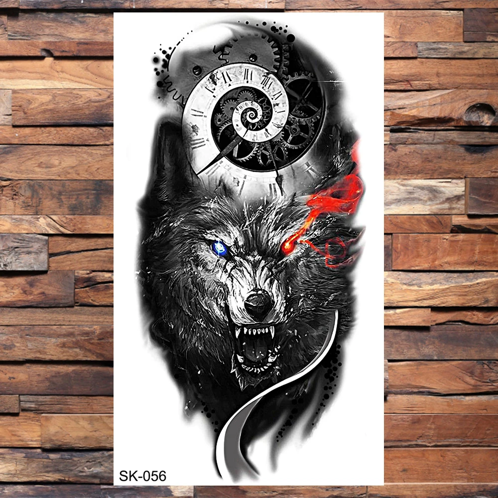 OMMGO-tatuajes de plumas tribales de bosque de lobo negro, pegatina temporal de árbol, tatuaje falso de Animal feroz para hombres, arte corporal