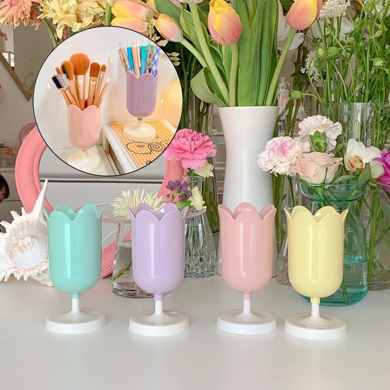 Tulips Storage Bucket Pen Holder Plastic Storage Tank Cup Makeup Brush Holder Desktop Storage Organizer Students Stationery