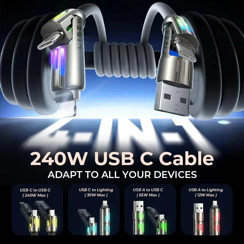 1 قطعة LISEN 240 واط السمين USB C كابل شحن سريع 4 في 1 كابل بيانات 6.6FT سبائك الزنك مع ضوء التنفس للهاتف/ماك بوك/آي باد