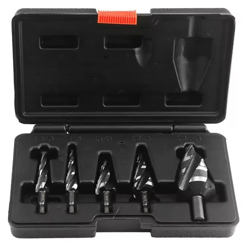 

A25F-HSS Drill Bits Set 5Pcs For Metal Forging- Titanium Coating& Four Spiral Flute Design Step Bits Included
