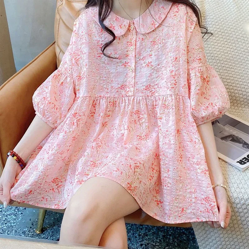 New Summer and Korean Edition Loose Sweetheart Doll Collar Spliced Button Broken Flower Lantern Sleeves Stuffed Doll Shirt Z647