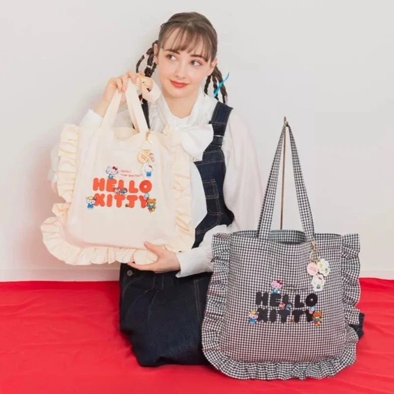 

Sanrio Hello Kitty Холщовая клетчатая сумка-тоут Большая вместительная сумка для покупок на плечо для девочек Сумка-тоут с книгами из мультфильма Кошелек-клатч