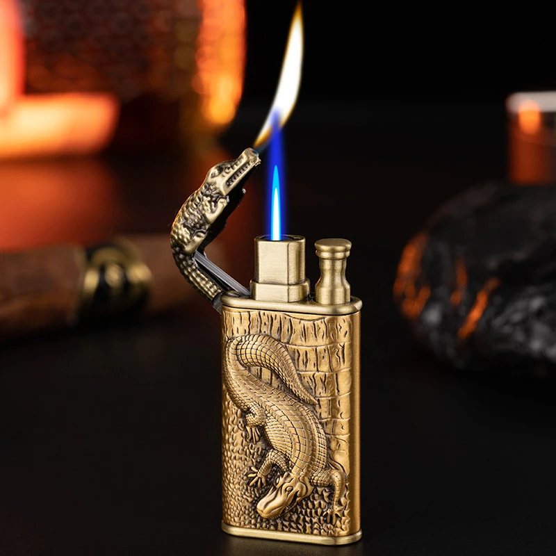 2024 3D Relief Dragon Crocodile Double Fire Lighter Metal Windproof Jet Fire Open Fire Conversion Gas Lighter Smoking Men\'s Gift
