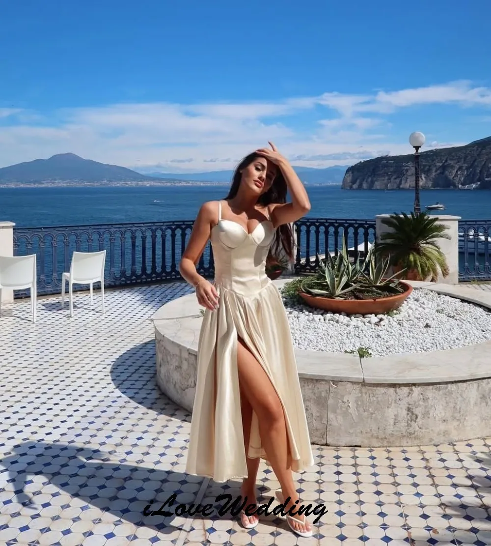 

Pearl White V-Neck A-Line Prom Dresses Satin Wedding Party Dress For Woman Tea-Length Spaghetti Strap Evening Dress Customized