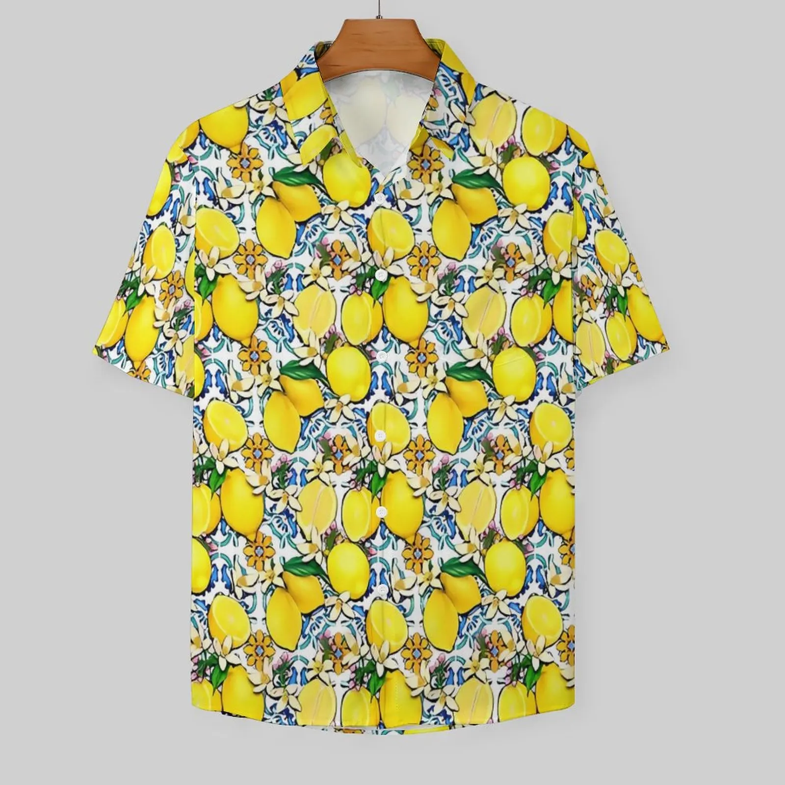 Fruit Print Beach Shirt Retro Lemon Print Hawaii Casual Shirts Male Cool Blouses Short-Sleeved Street Style Graphic Top