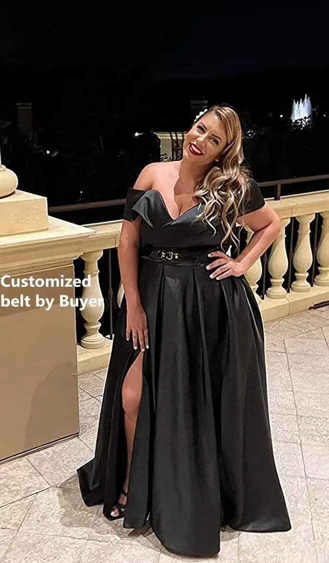 オフショルダー ロングスリット プロムドレス 女性用 Aライン バックレス サテン フォーマルイブニングパーティードレス ポケット付き カクテルセクシードレス