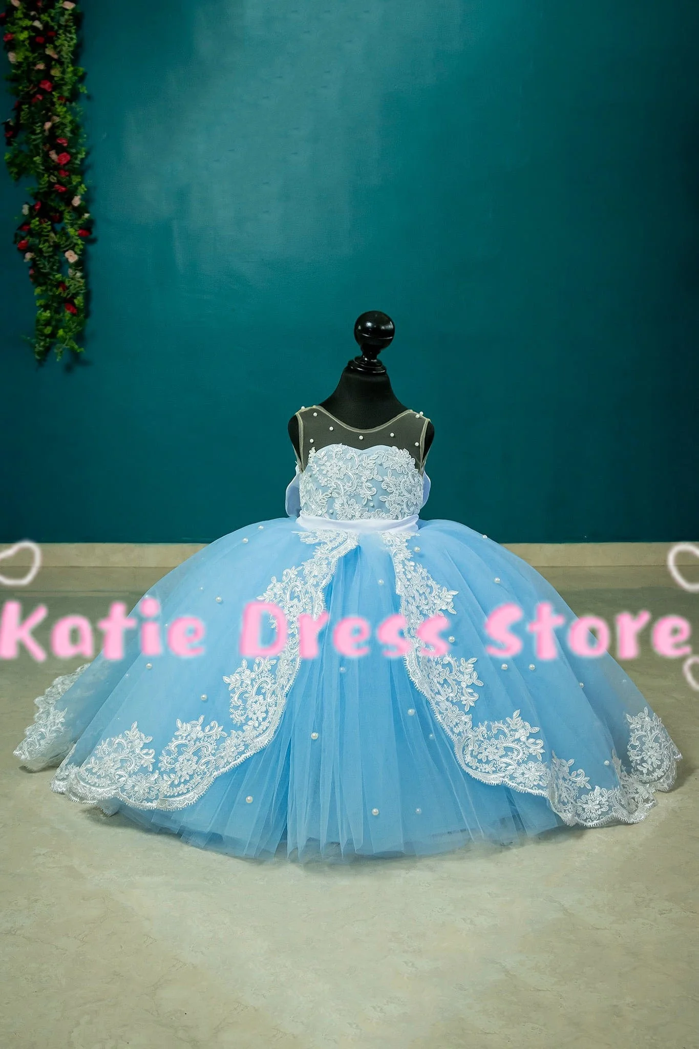 Blue Flower Girl Dress For Wedding Tulle Puffy Lace Applique Elegant Kids Birthday Party First Communion Ball Gows Customized