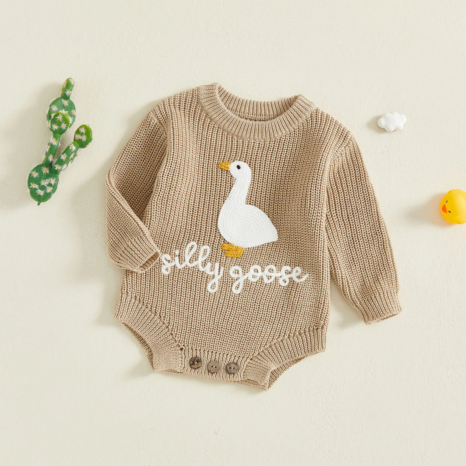 Winter Infant Baby Knitted Rompers Cute Long Sleeve Round Neck White Goose Letter Embroidery Jumpsuit Knitwear