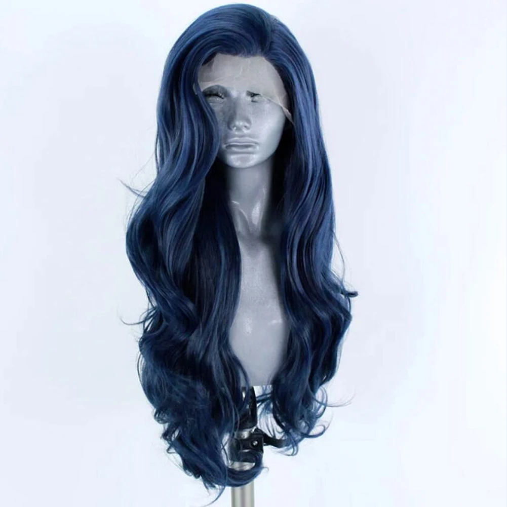 AIMEYA Body Wave Synthetic Lace Front Wig Dark Blue Wigs for Women Heat Resistant Fiber Cosplay Wig Synthetic Lace Wig Baby Hair