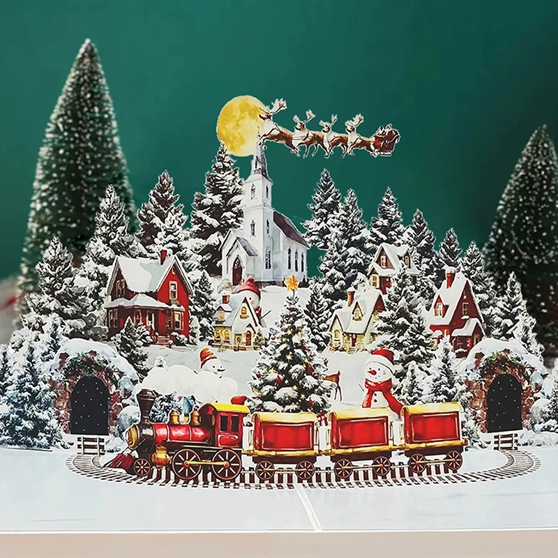 1 Set 3D-Weihnachtskarte „Night Before Christmas“-Szene mit Weihnachtsmann, Rentier, verschneiten Dorf und Mondlichthimmel, festliche Grußkarte F