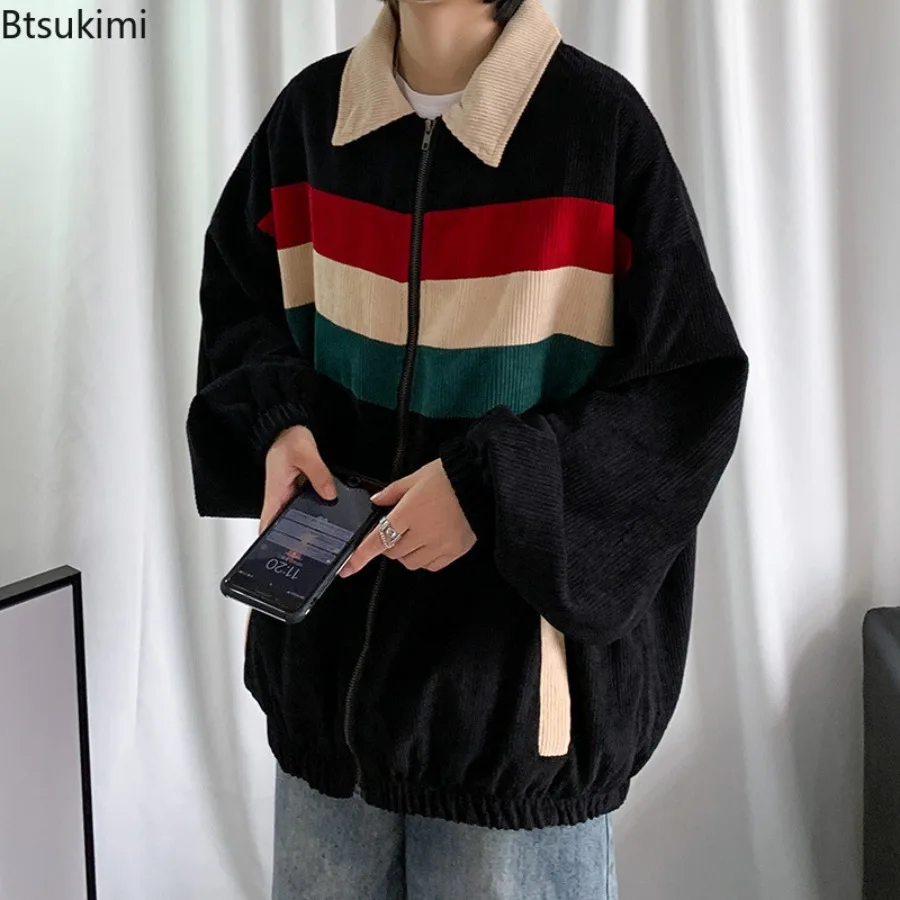 Spring Autumn New Men's Corduroy Jackets Fashion Splice Contrast Color Design Korean Style Loose Casual Coats Men Bomber Jackets