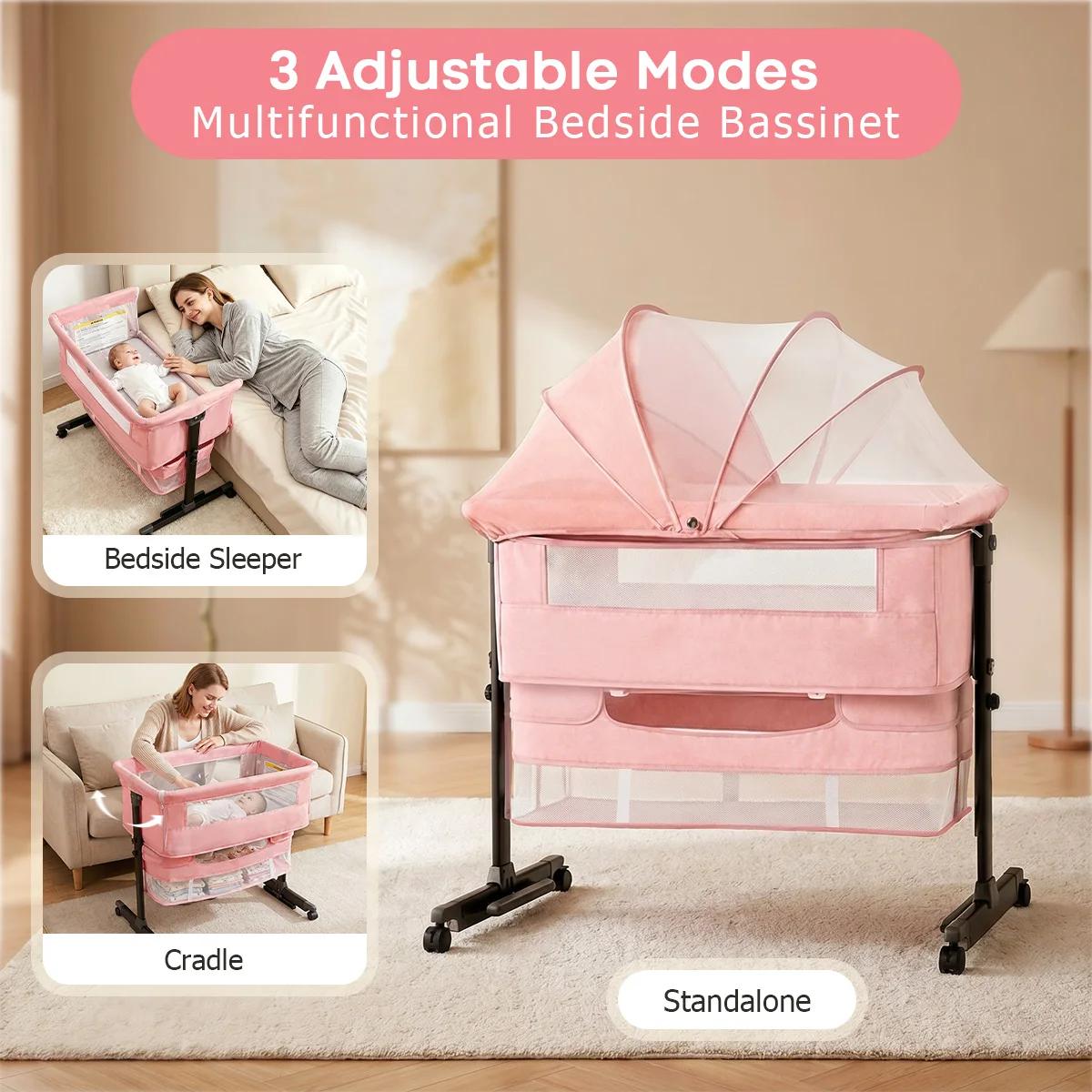 Kmaier Pink Portable Newborn Baby Cot 3 Adjustable Modes, Multifunctional Bedside Sleeper Bassinet, Convertible Cradle
