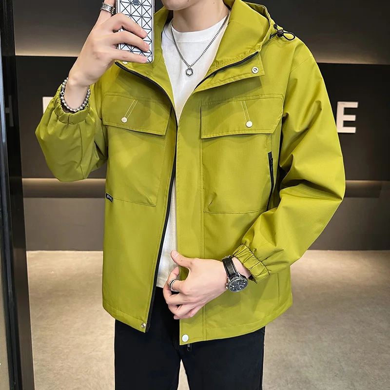 

New 2024 Spring Autumn Men's Solid Color Hooded Jackets Outdoor Sports Windproof Loose Coat Streetwear Multi Zipper Tops Clothes