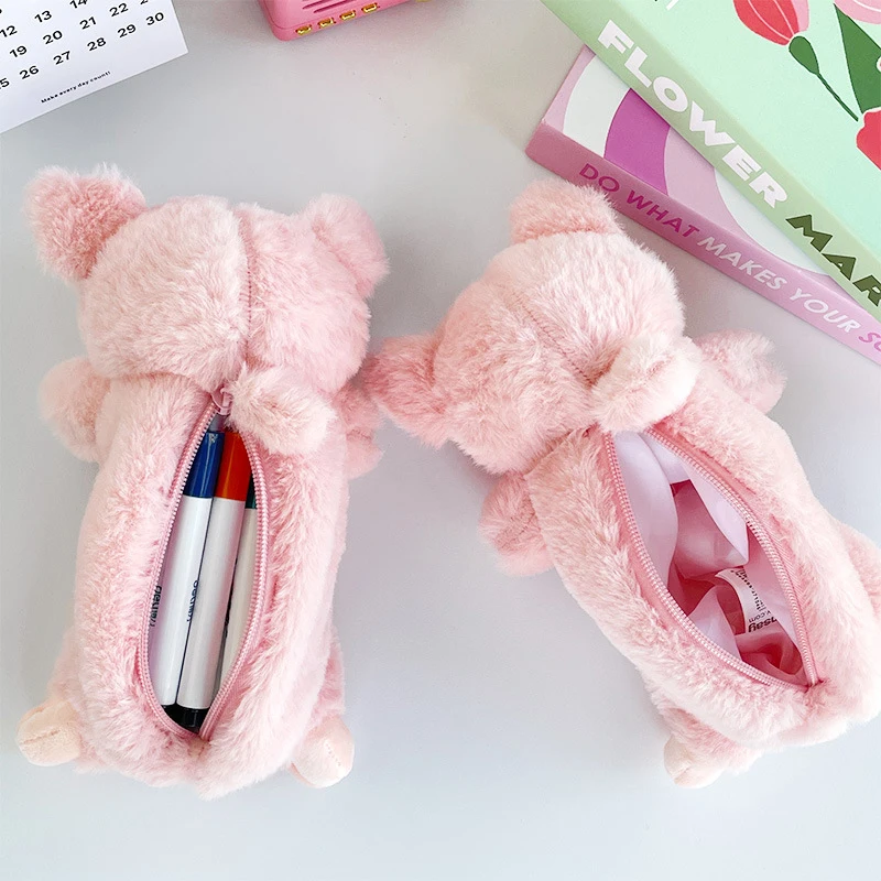 Cartoon Pink Pig Pencil Case Cosmetic Bag Storage Bag Cute Plush Pen Pouch Large Capacity School Supplies Stationery Storage Box