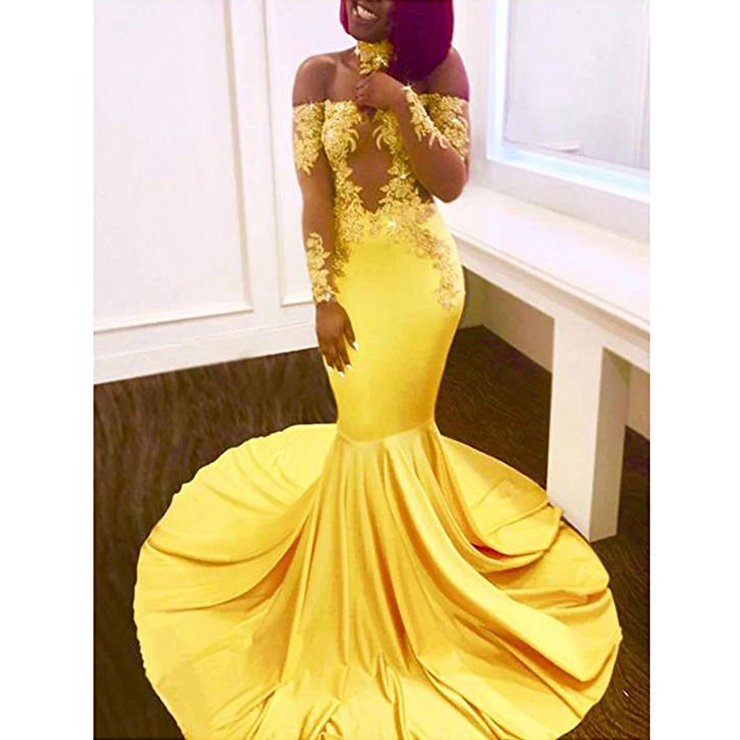 Yellow Off Shoulder Mermaid Prom Dresses Boat Neck Long Sleeves Floor Length Appliques Satin Evening Dress With Choker