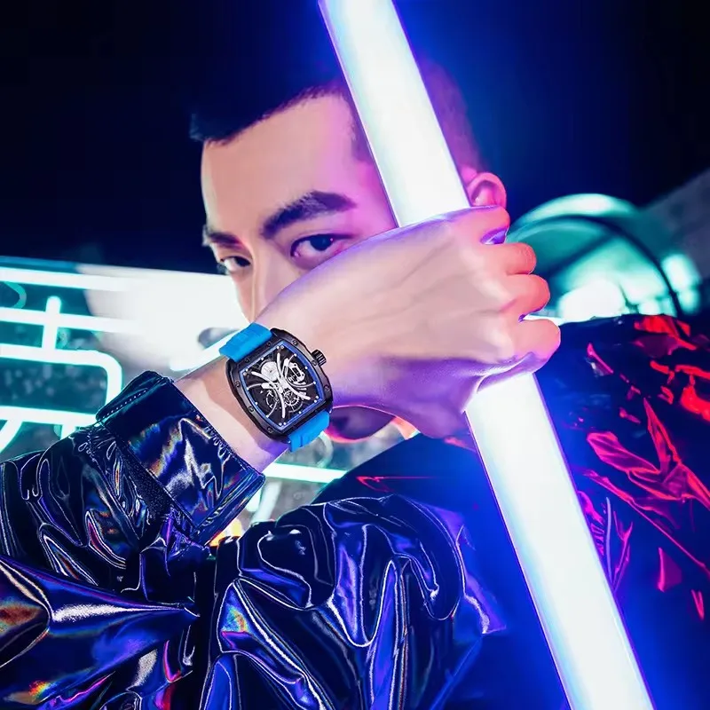 Mark fairwhale 6560 relógios mecânicos automáticos para homem esqueleto luminoso à prova dwaterproof água pulseira de silicone esportes moda relógio masculino