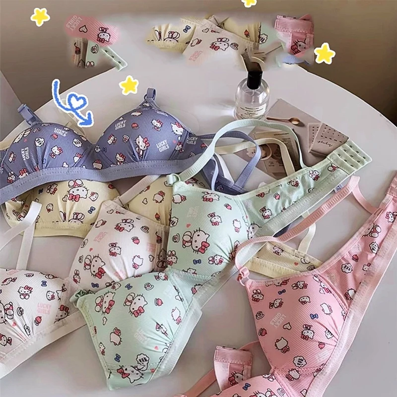 Hello Kitty Bra Underwear Set Kawaii Sanrio Print Small Size Swimsuit Set Soft Breathable Cartoon Cute Girl Without Wires Bra