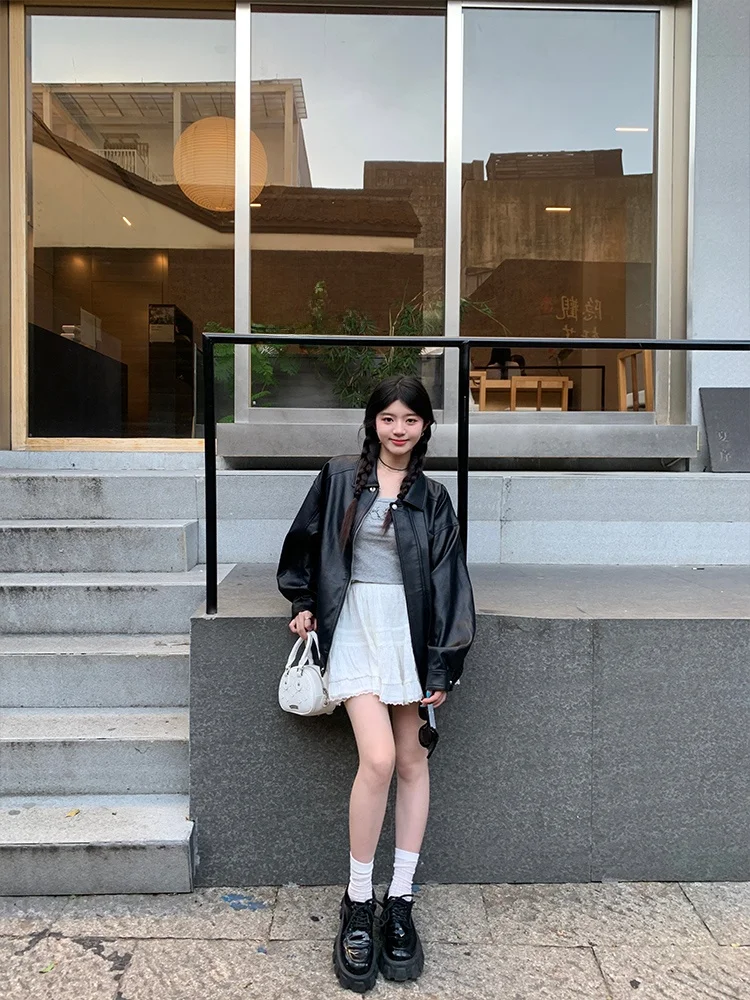 Fall 2025 New Vintage Bla Leather Jaet Women's American Dad Coat Long Sve Zipper Closure Loose Fit Commute Sle