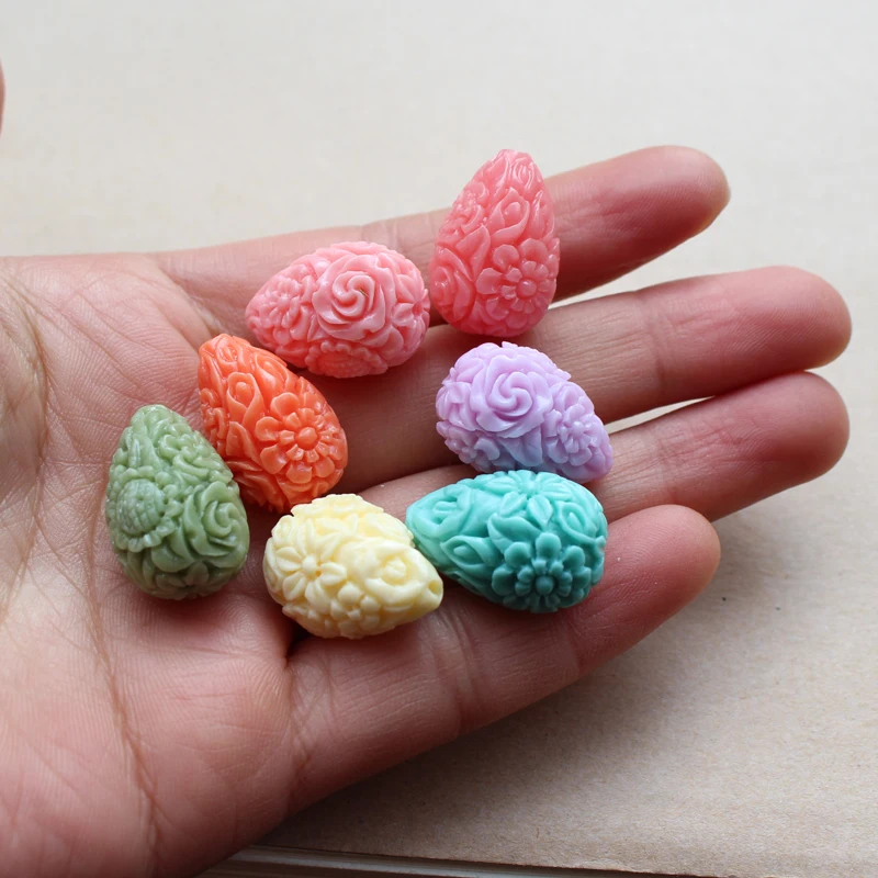 10Pcs  12 14mm Artificial Coral beads Drop shape Carving Flowers Beads Cabochon Charms Multi-color for Earring Necklace making