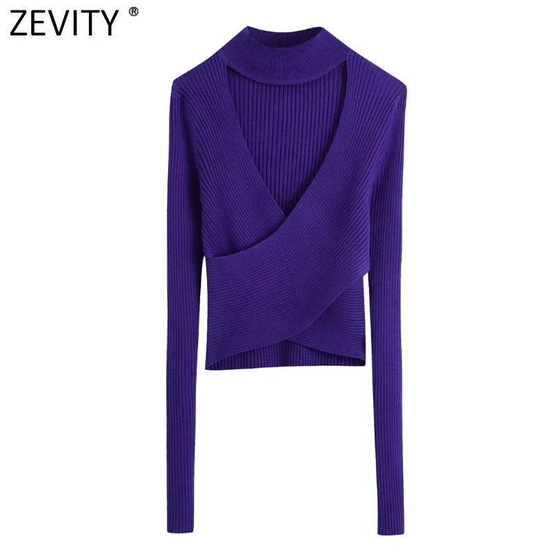 Zevity New Women Sexy Stand Collar Hollow Out Cross Design Short Knitted Sweater Lady Chic Long Sleeve Pullover Crop Tops SW1071