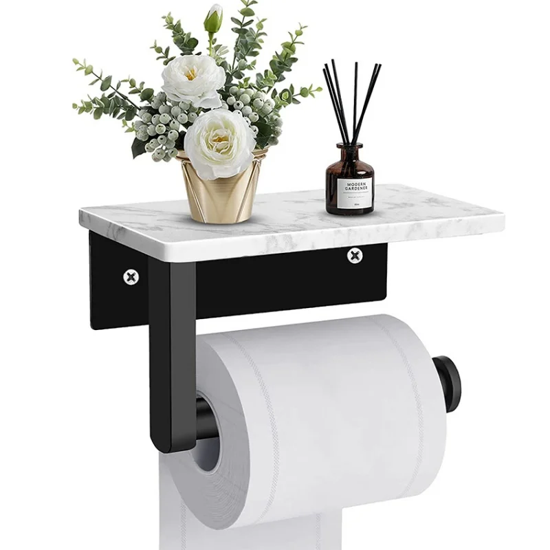 

Wall Mounted White marble toilet paper holder black tissue holder marble black paper roll rack with mobile phone storage rack.