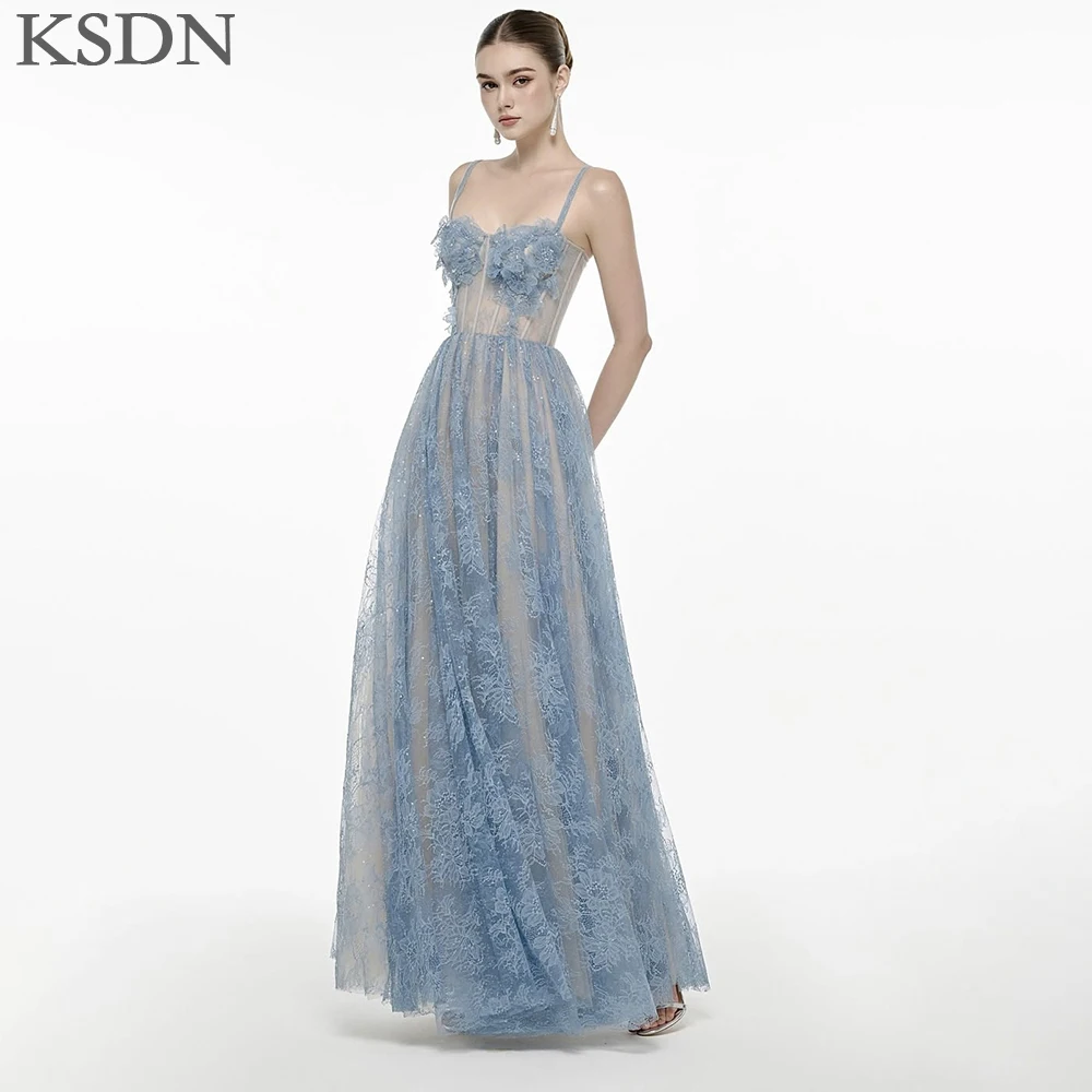 KSDN élégant Spaghetti sangle robes de soirée de luxe dentelle longueur de plancher drapé sans manches robes personnalisé Illusion robe robes