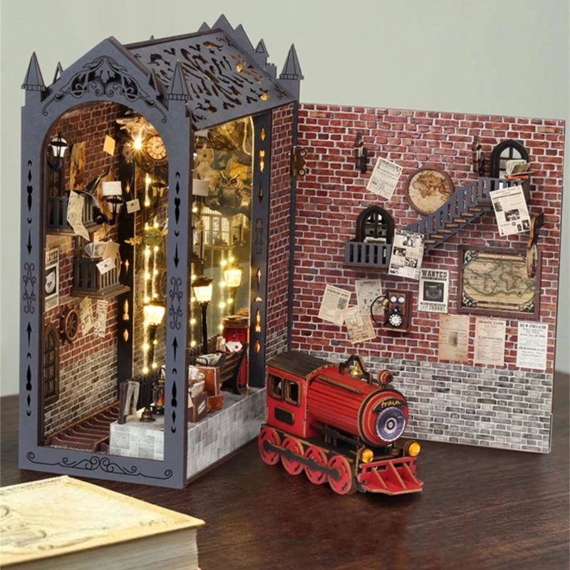 Set artigianale in legno Inserto per libri architettura in miniatura con materiali per scaffali a luce LED per adulti e 15UB