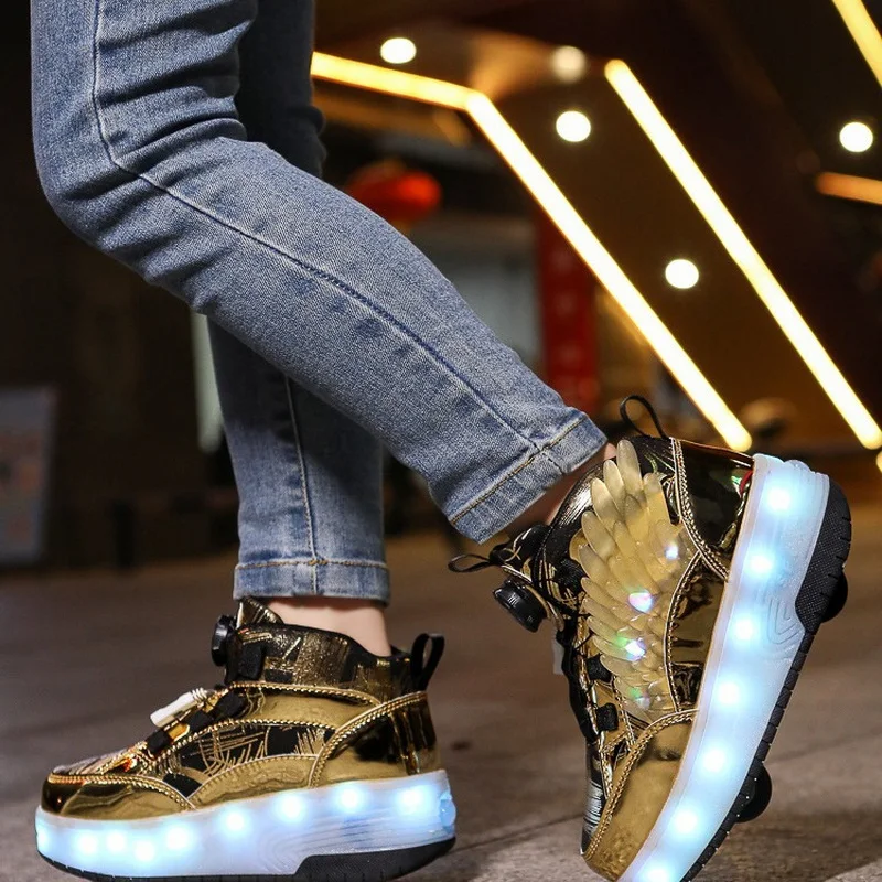 Neue LED Unisex Kinder Flash Schuhe mit USB aufladen Jungen & Mädchen Rollschuhe zwei Räder Kinder fliegen Turnschuhe Größe 30-40