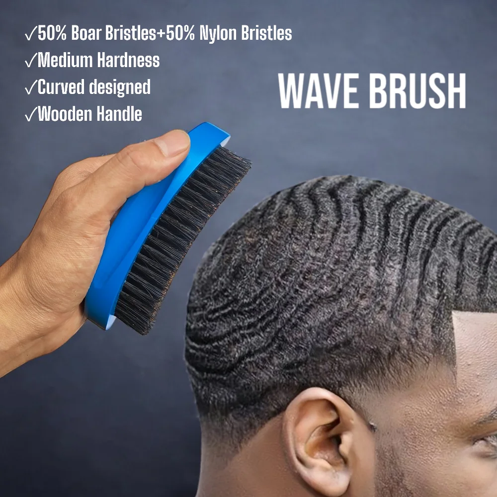 Gracemen Hair Grooming Brush 360 Wave Brush Blue Curved Wooden Handle Afro Men's Beard Hair Wavy Brush