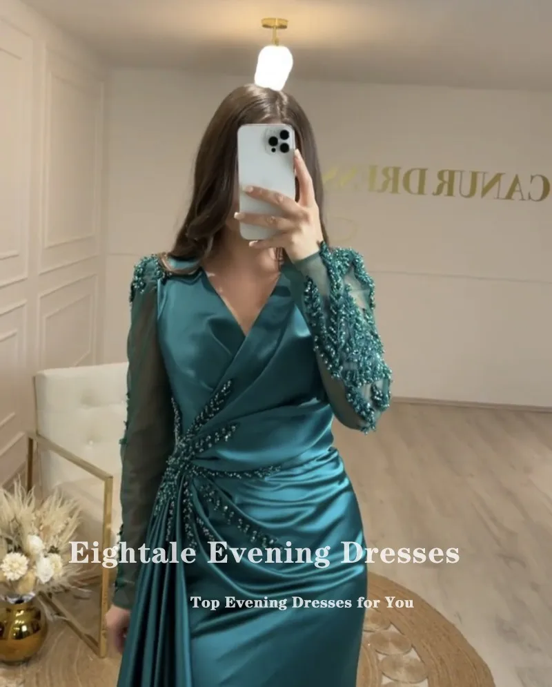 Eightale Dark Green Evening Dress for Wedding Party Satin Beaded V-Neck Long Sleeves Vintage Mermaid Prom Gowns Customized Dress