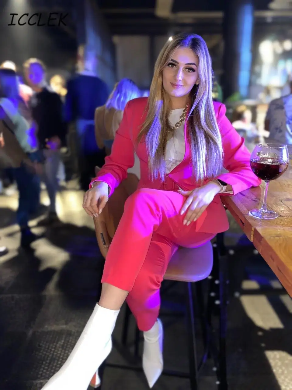 Kadın pantolon ile kemer pantolon pembe yüksek bel Pansuit kadın katı ofis bayanlar Blazer pantolon takım elbise mor rahat Streetwear