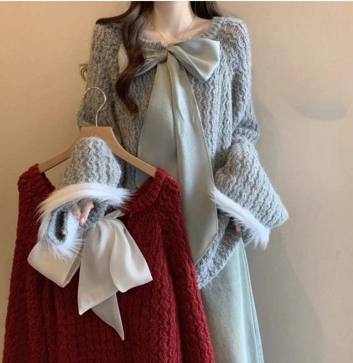 Picture 3: Women Autumn Winter Large Size V-neck Sweet Bow Sweater Fashione Red Medium Long Versatile Age-reducing Christmas Knitted Top