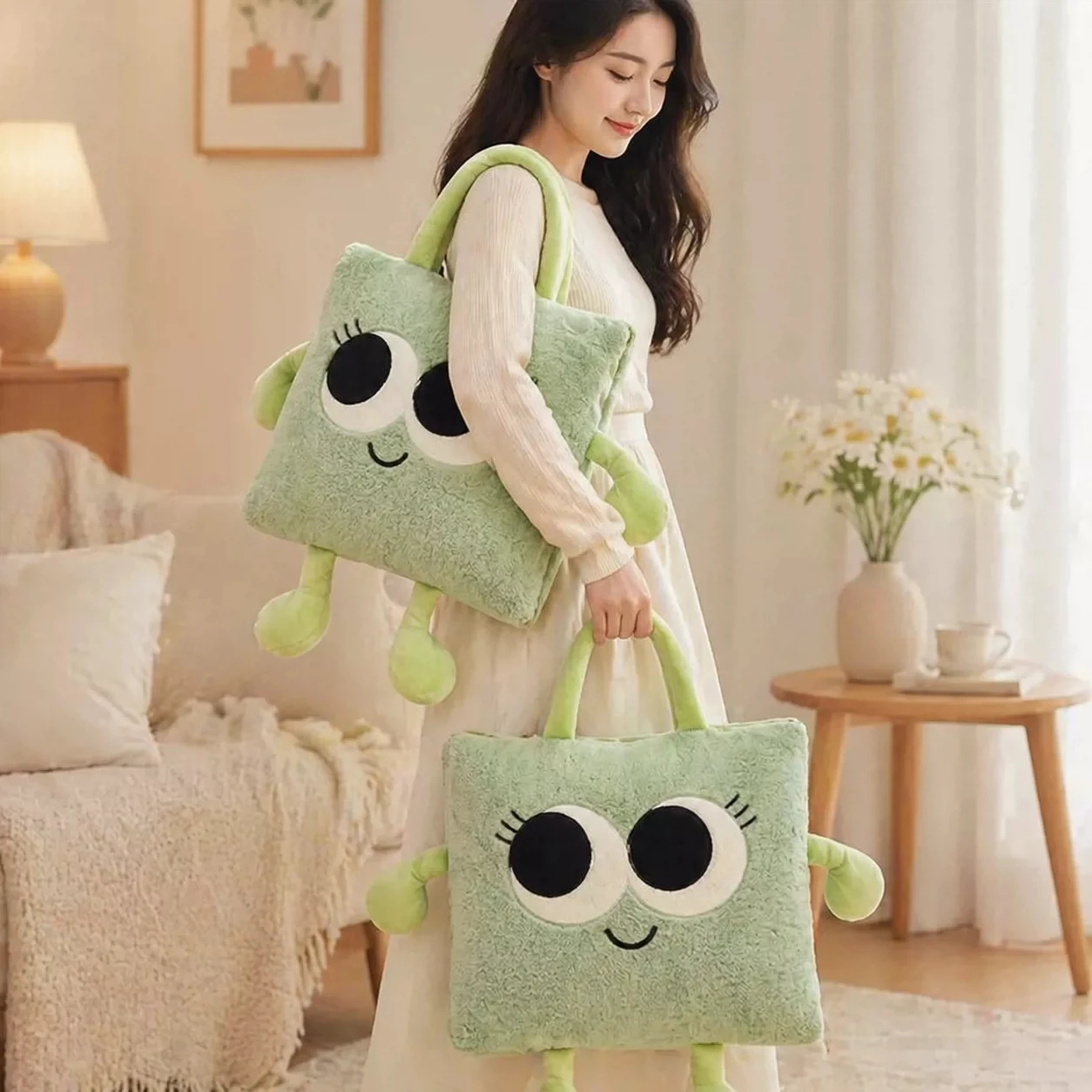 Big Eye Plush 2 in 1 Throw Pillow Blanket Foldable Nap Quilt Car Backrest Cushion Portable Travel Decor