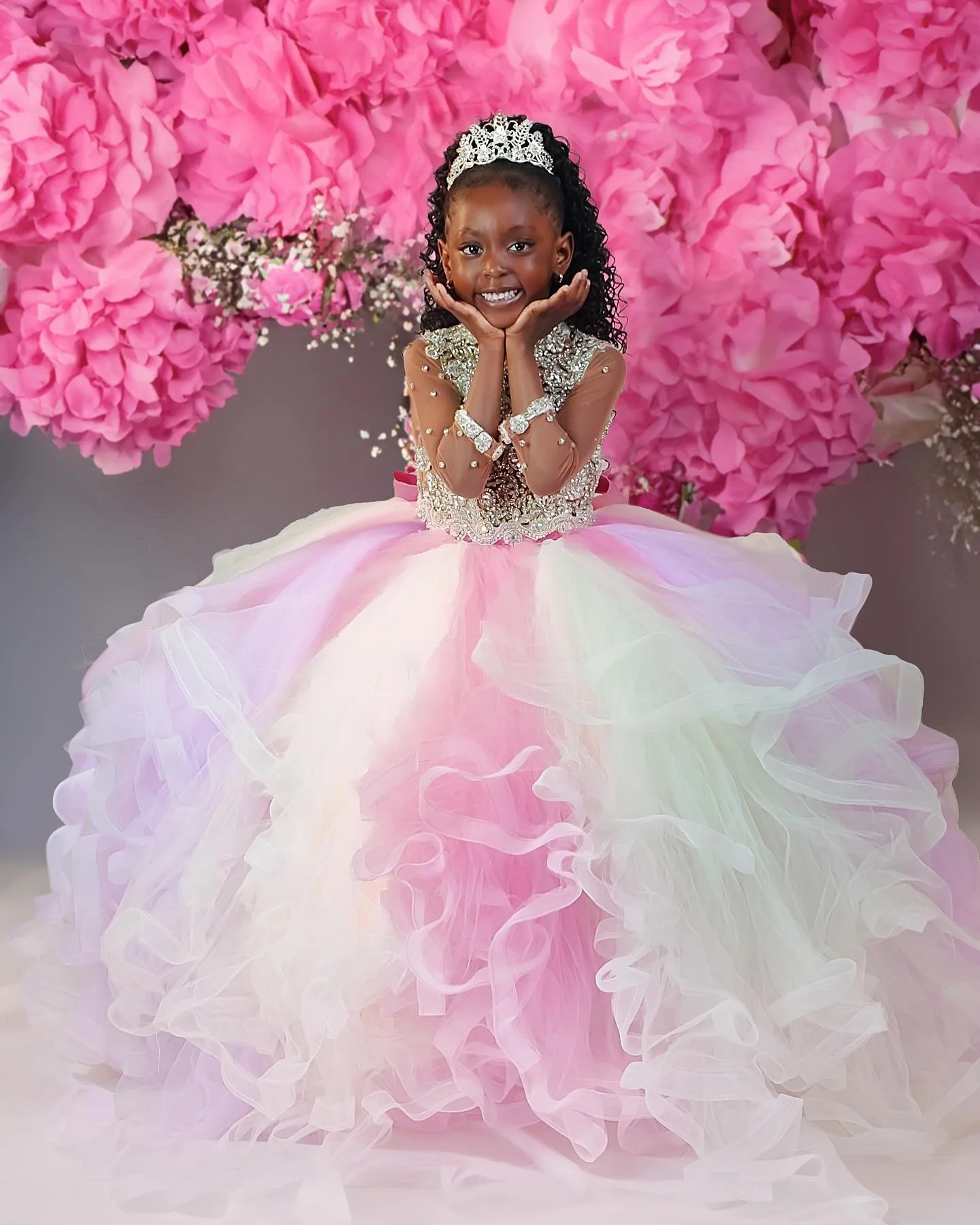 Colorful Beading Girls Birthday Party Dresses Bow Back High Neck Flower Girl Dresses Baby Kids Ball Gowns for Photo Shoot