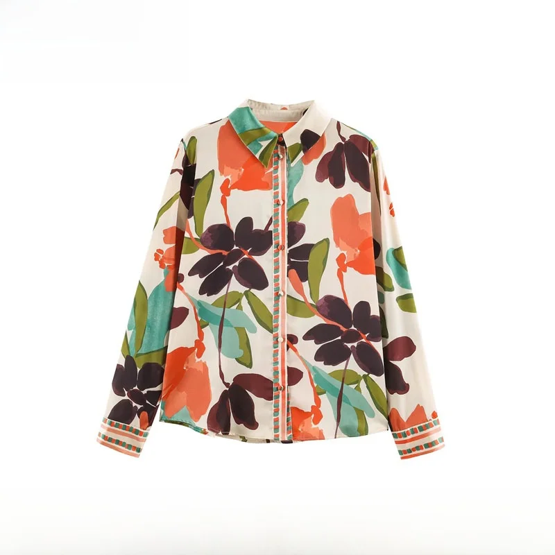 Spring Summer New Arrival Women's Fashion Silk Satin Floral Print Shirt Versatile Long Sleeve Loose Fit Polyester Fiber
